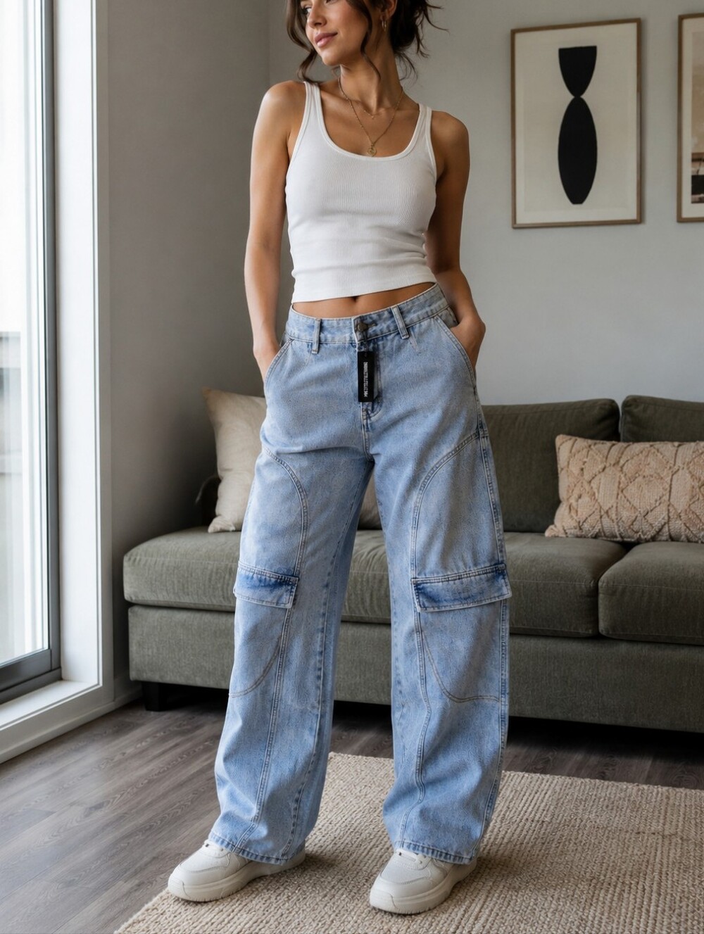 PrettyLittleThing Women's Jeans Wide Leg Size 8 Light Wash Cargo Pockets NWT